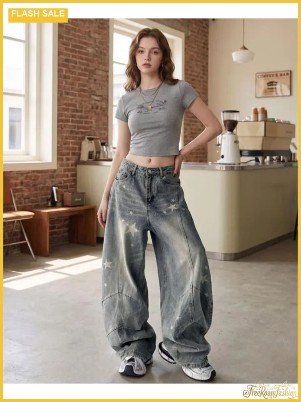 Baggy Y2K Low Rise Barrel Jeans Women Star Wide Leg Denim